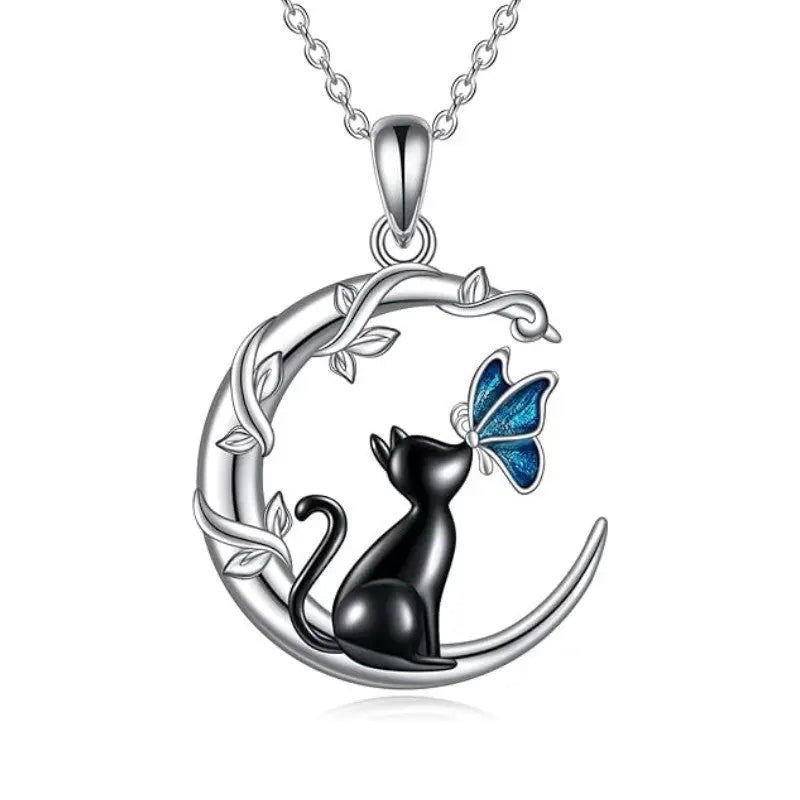 Black Cat Butterfly Moon Branch Winding Pendant Necklace gomuto.com
