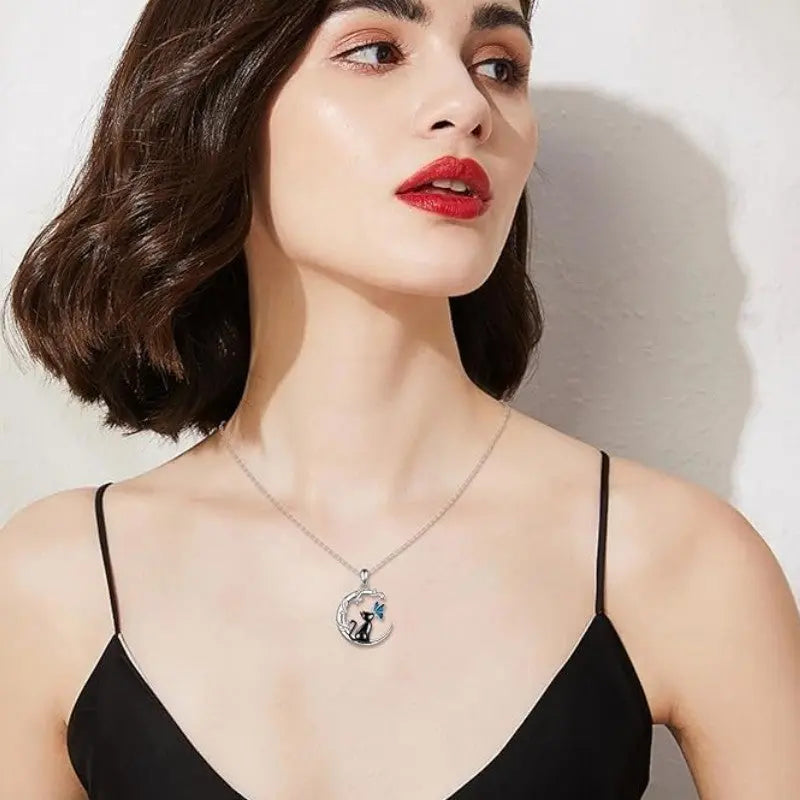 Black Cat Butterfly Moon Branch Winding Pendant Necklace gomuto.com