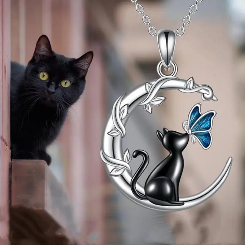 Black Cat Butterfly Moon Branch Winding Pendant Necklace gomuto.com