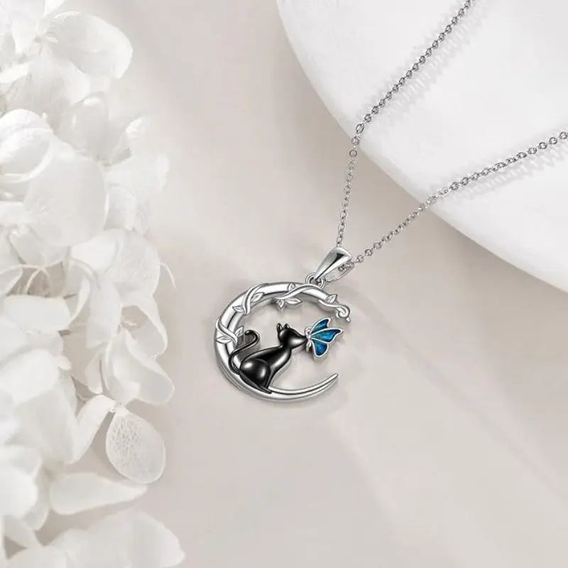 Black Cat Butterfly Moon Branch Winding Pendant Necklace gomuto.com