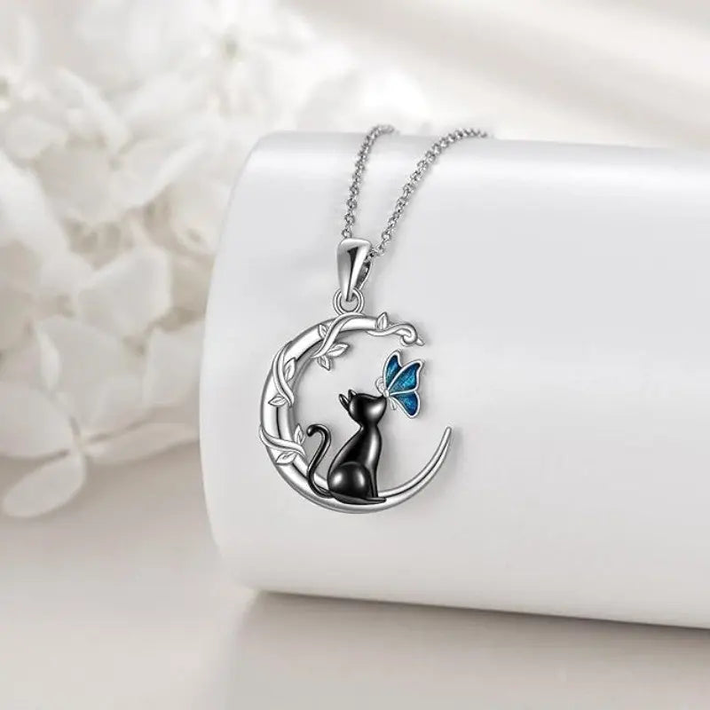 Black Cat Butterfly Moon Branch Winding Pendant Necklace gomuto.com
