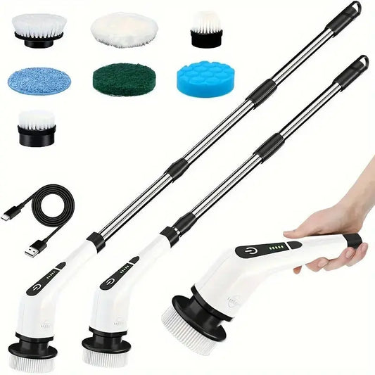 Electric Spin Scrubber with 7 Brush Heads - Cordless Floor Cleaner with Adjustable Handle, USB Rechargeable Gomuto