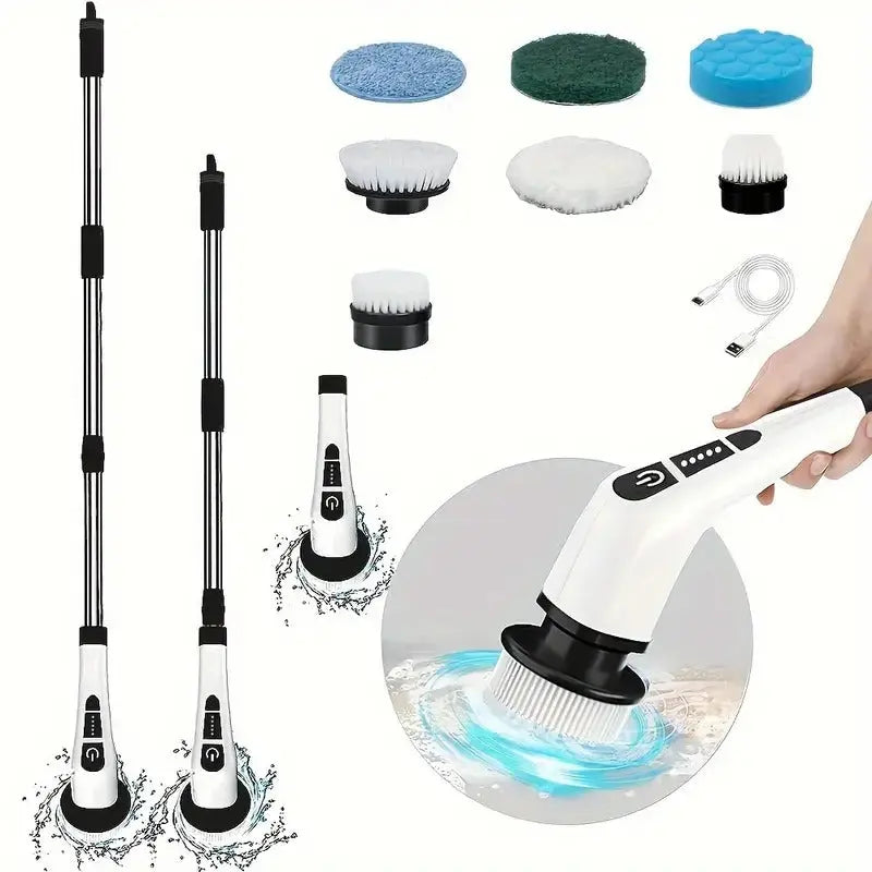 Electric Spin Scrubber with 7 Brush Heads - Cordless Floor Cleaner with Adjustable Handle, USB Rechargeable Gomuto