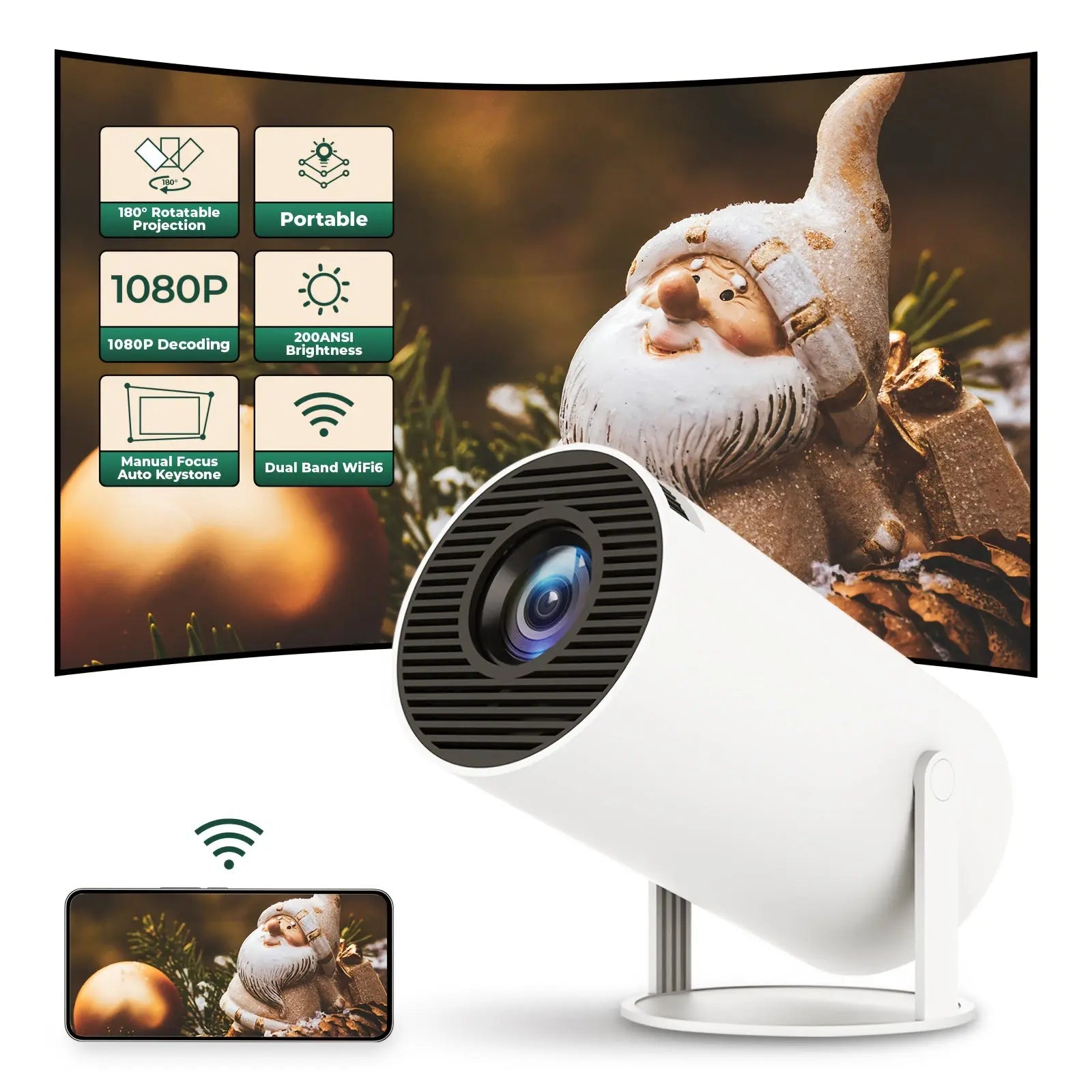 HY300 Mini 4K Projector Portable 180° Rotatable Projection Android 11.0 Dual Band WiFi Video Beammer For Outdoor Cinema - Gomuto