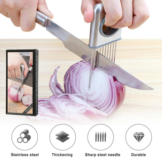 Onion Holder Slicer Vegetable tools Tomato Cutter Stainless Steel Kitchen Gadget gomuto.com