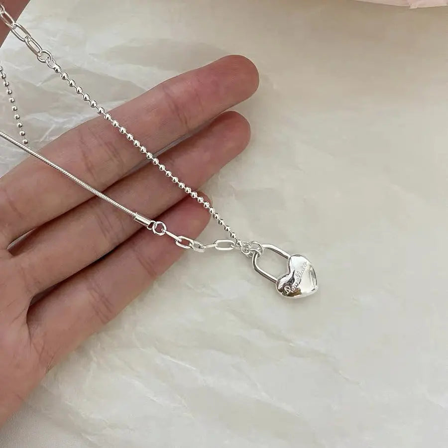 Women's Double-Layer Chain Heart-Shape Lock Necklace S925 Sterling Silver gomuto.com