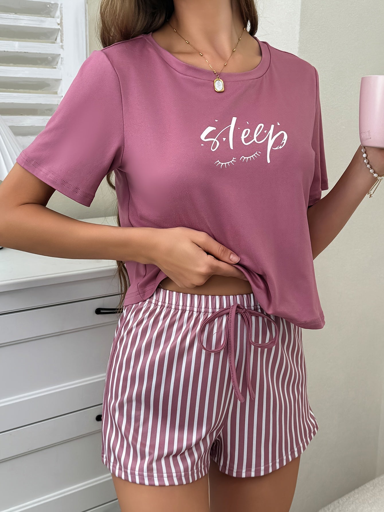 Stripe & Letter Print Pajama Set - Casual Short Sleeve Round Neck Top and Drawstring Shorts for Women’s Sleepwear