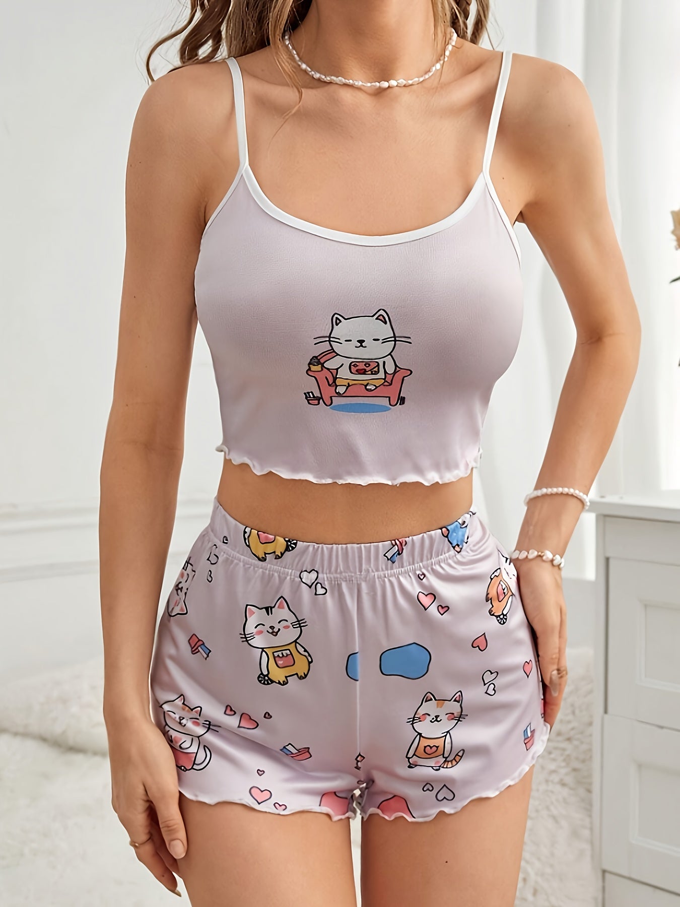 Cute Cat Print Pajama Set - Round Neck Backless Crop Cami Top and Elastic Shorts for Women’s Sleepwear