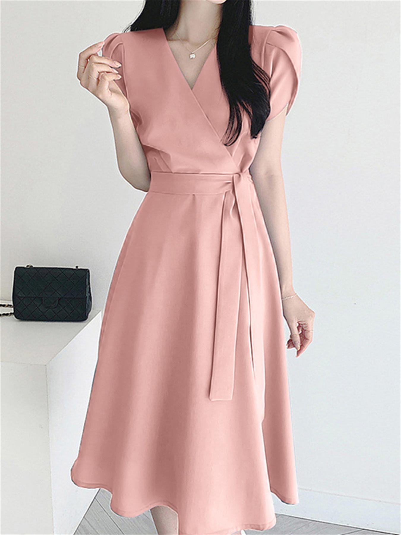 Chic Surplice Neck Dress with Belt - Elegant Short Sleeves, Solid Color - Versatile & Stylish - Essential Women’s Fashion