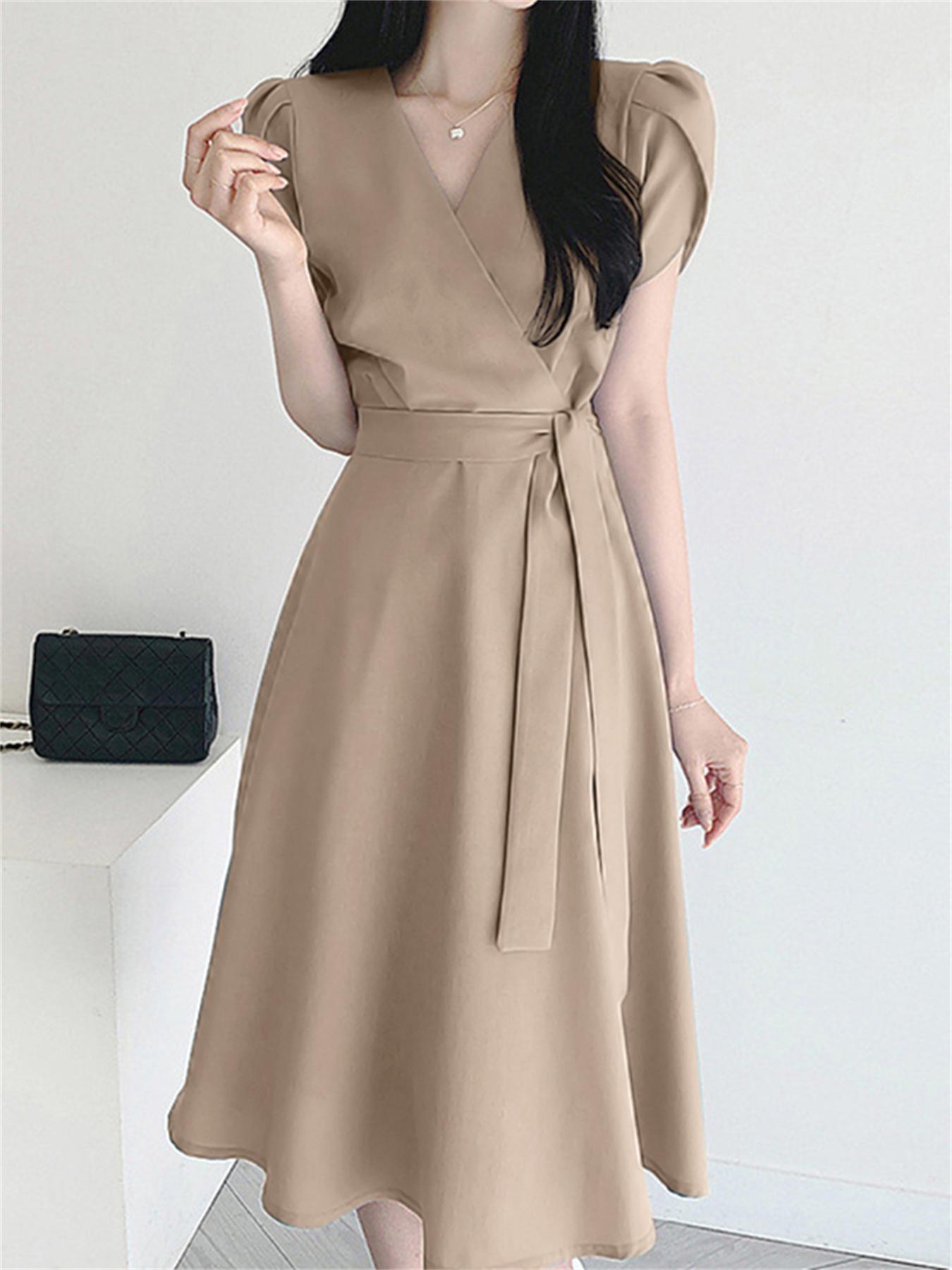 Chic Surplice Neck Dress with Belt - Elegant Short Sleeves, Solid Color - Versatile & Stylish - Essential Women’s Fashion