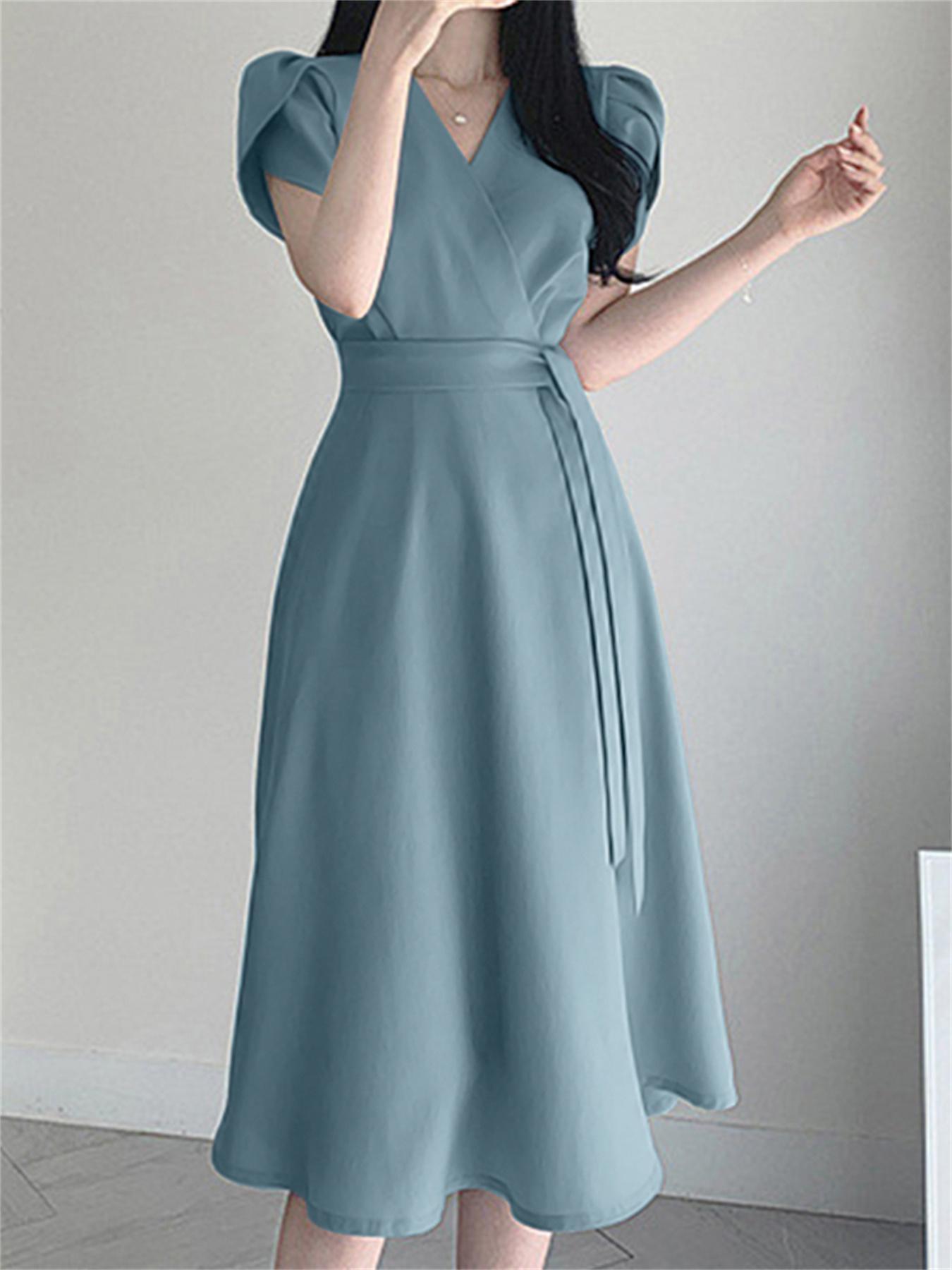 Chic Surplice Neck Dress with Belt - Elegant Short Sleeves, Solid Color - Versatile & Stylish - Essential Women’s Fashion