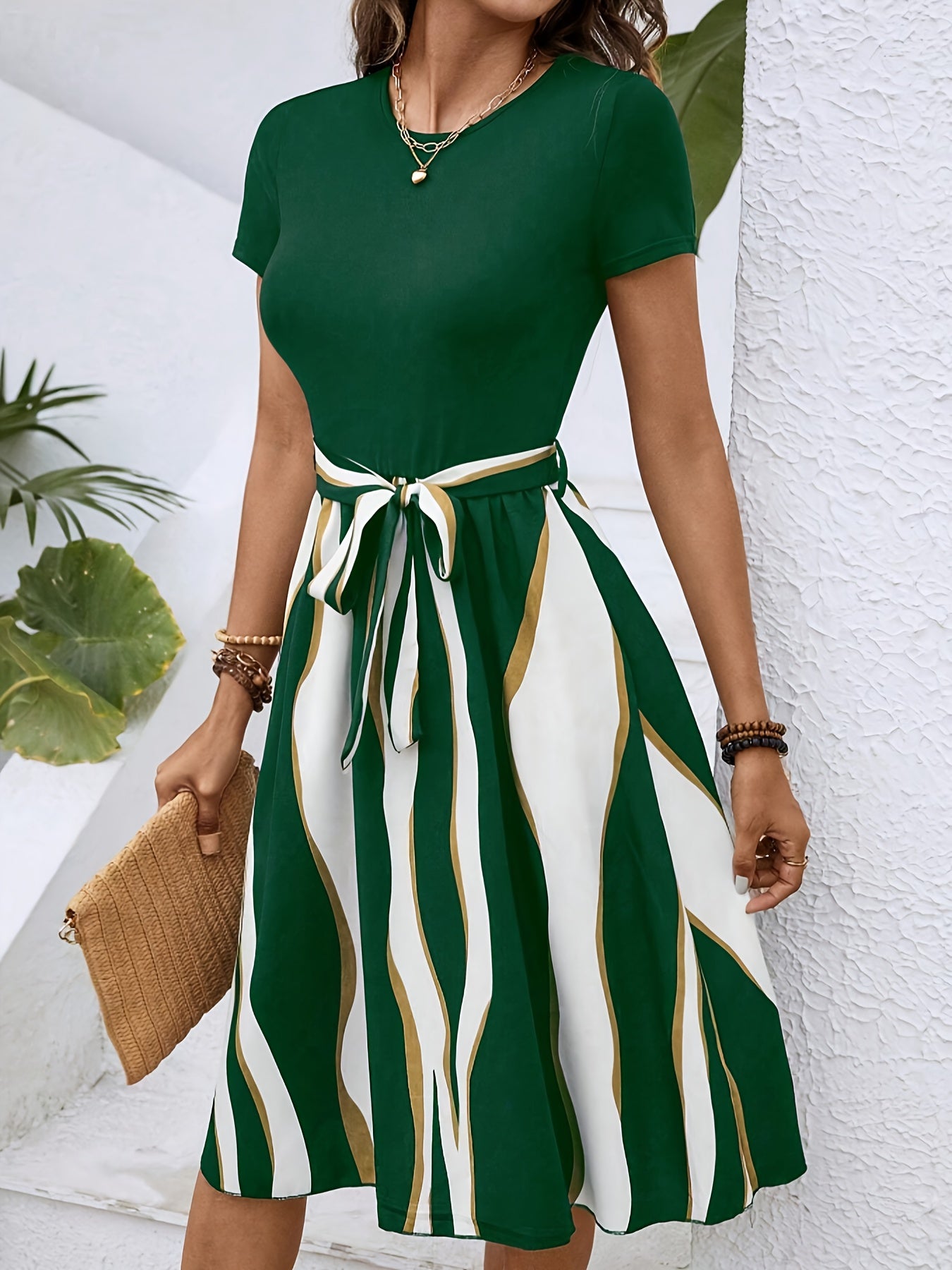 Striped Tie-Waist Dress with Splicing Detail - Short Sleeves, Versatile Design for Spring & Summer - Women’s Casual Fashion