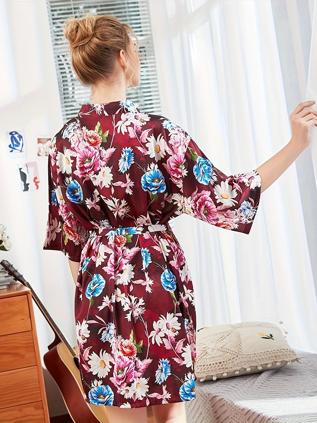 Women's Elegant Floral Print Satin Sleepwear Robe - Three-Quarter Sleeve V-Neck Robe with Belt, Comfortable Nightgown