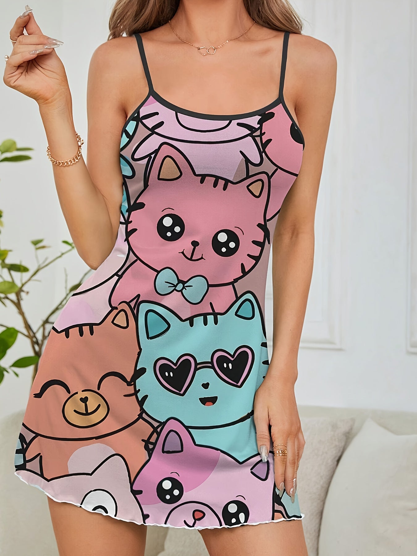 Cute Cat Print Frill Trim Lounge Dress - Round Neck Backless Slip Dress for Women’s Loungewear