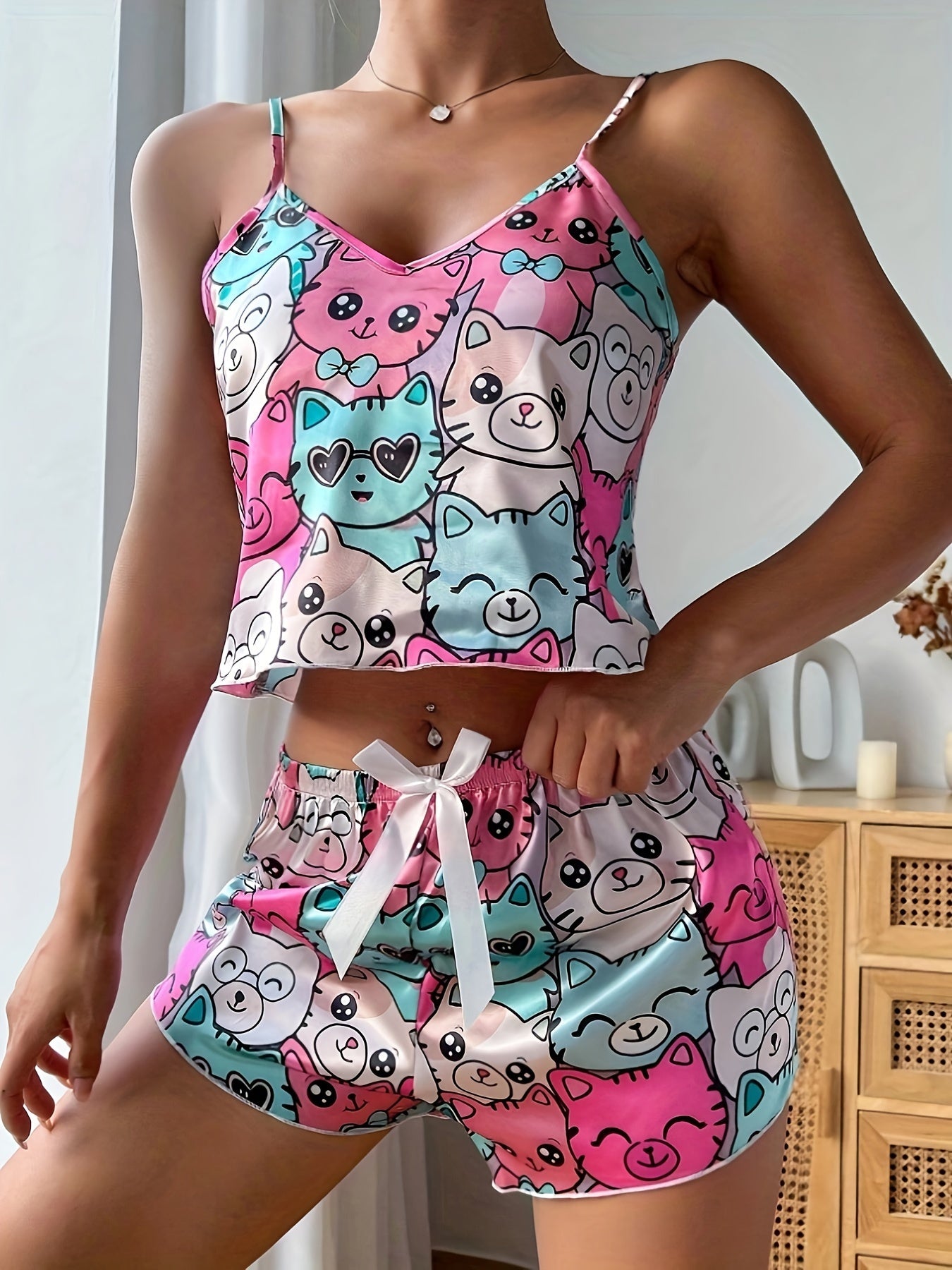 Cute Cat Print Pajama Set - V-Neck Crop Cami Top and Elastic Shorts for Women’s Sleepwear & Loungewear