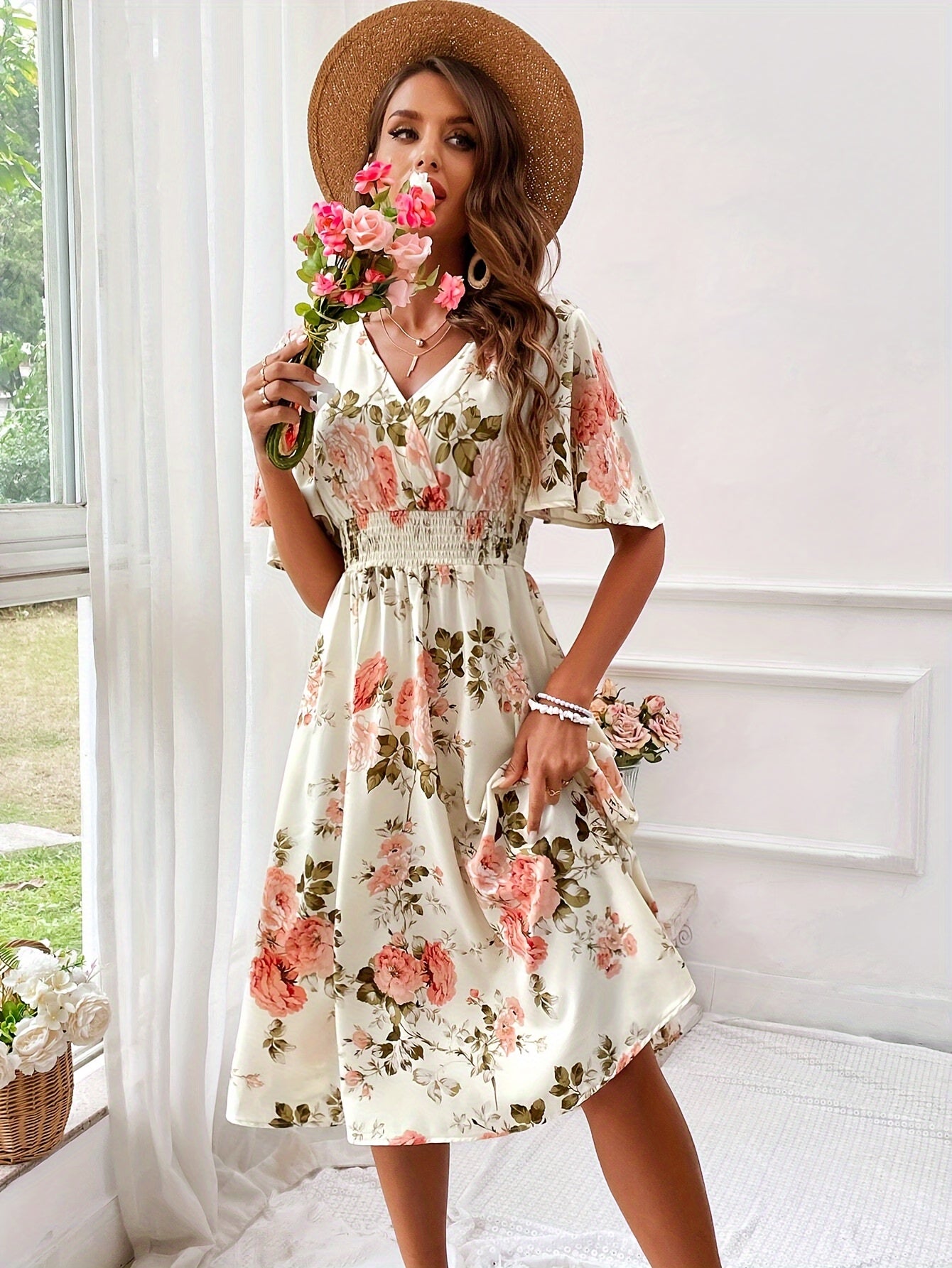 Floral V-Neck Dress with Ruffle Sleeves - Elegant & Flowy, Ideal for Spring & Summer - Women’s Fashion