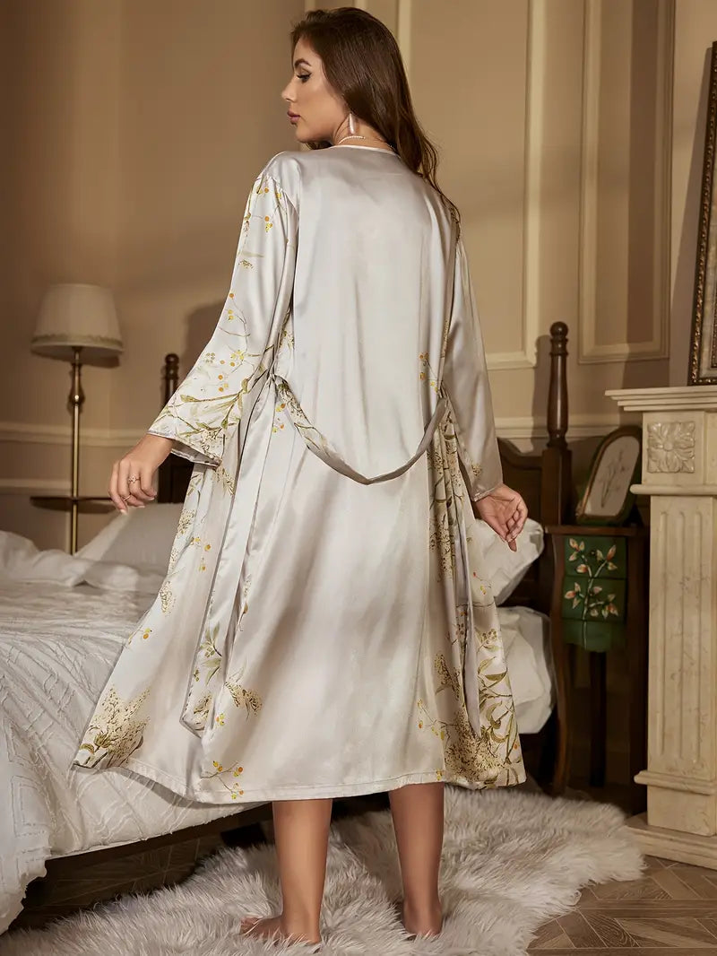 Elegant Cherry Blossom Print Satin Sleepwear Set - 2-Piece Robe and Turtleneck Slip Dress for Women, Perfect for Fall & Winter