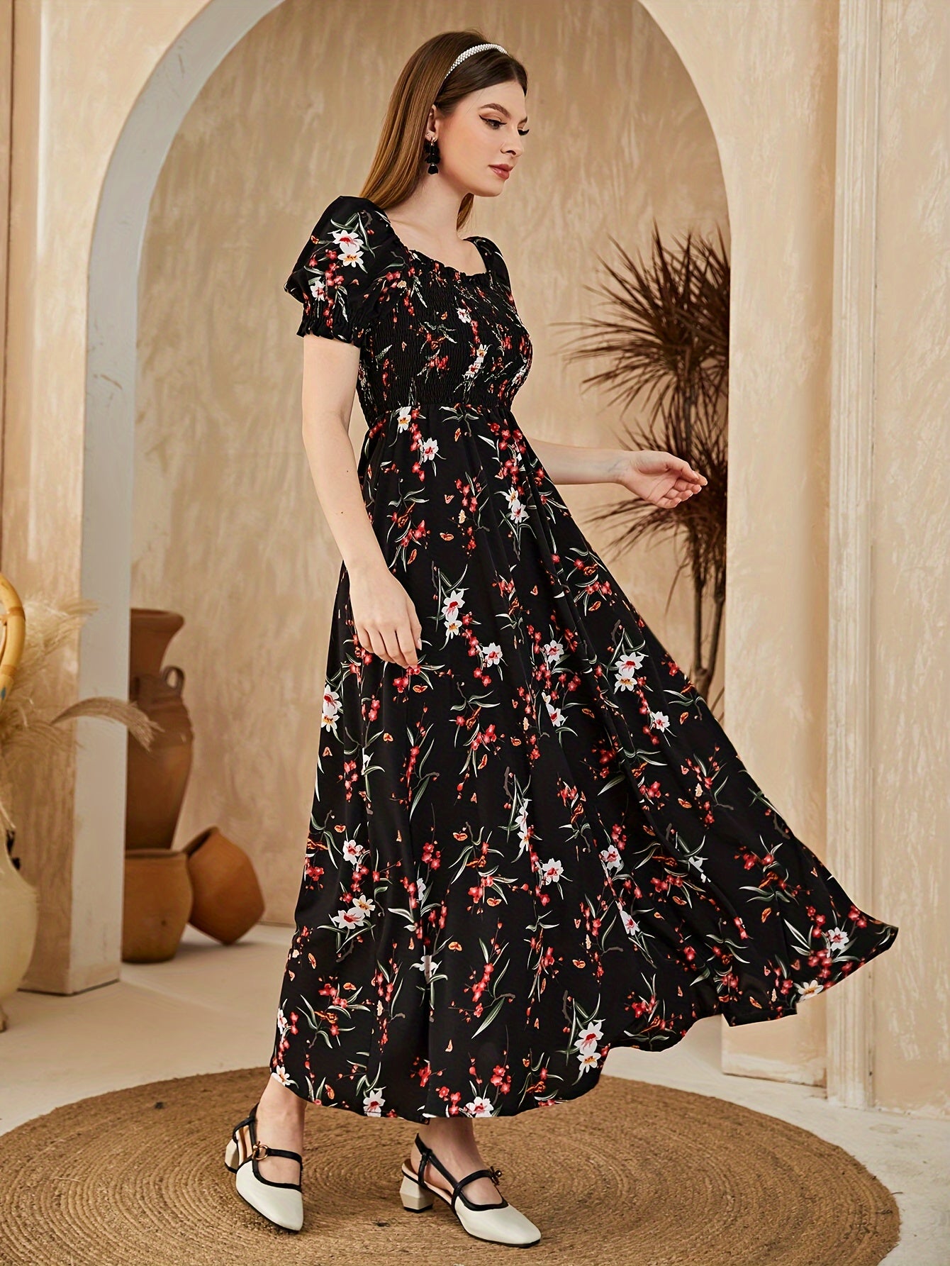 Floral Print Square Neck Dress - Elegant Puff Sleeve Ruffle Hem Dress for Women’s Spring & Summer