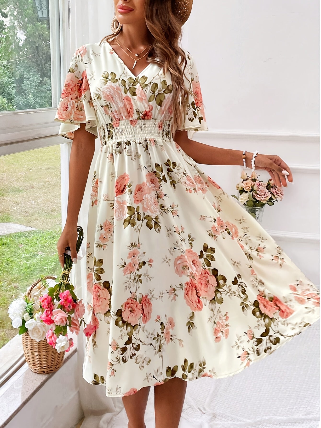 Floral V-Neck Dress with Ruffle Sleeves - Elegant & Flowy, Ideal for Spring & Summer - Women’s Fashion