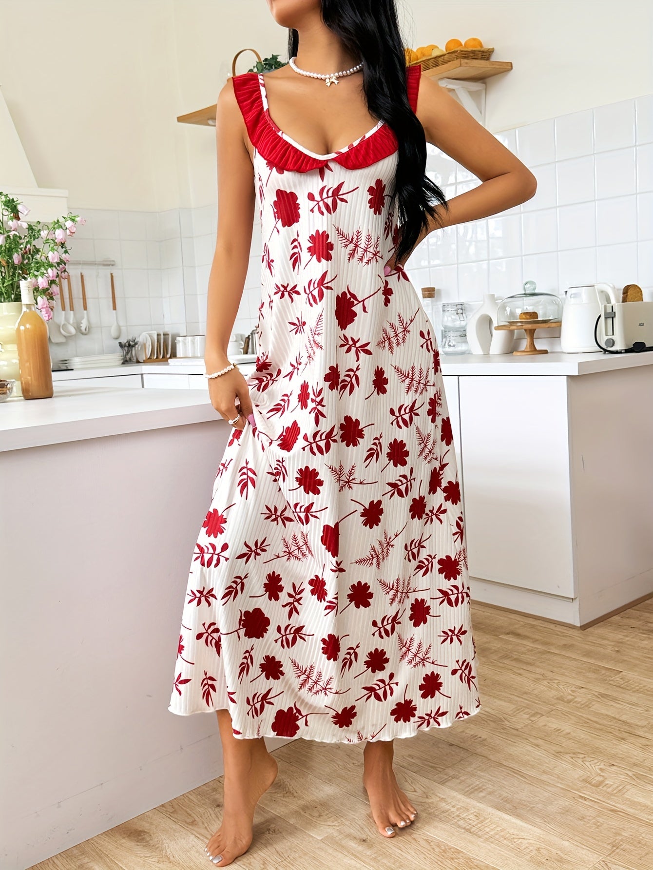 Women's Allover Floral Print Sleepwear Dress - Elegant Ribbed Frill Trim Round Neck Backless Maxi Slip Nightgown, Comfortable Nightwear