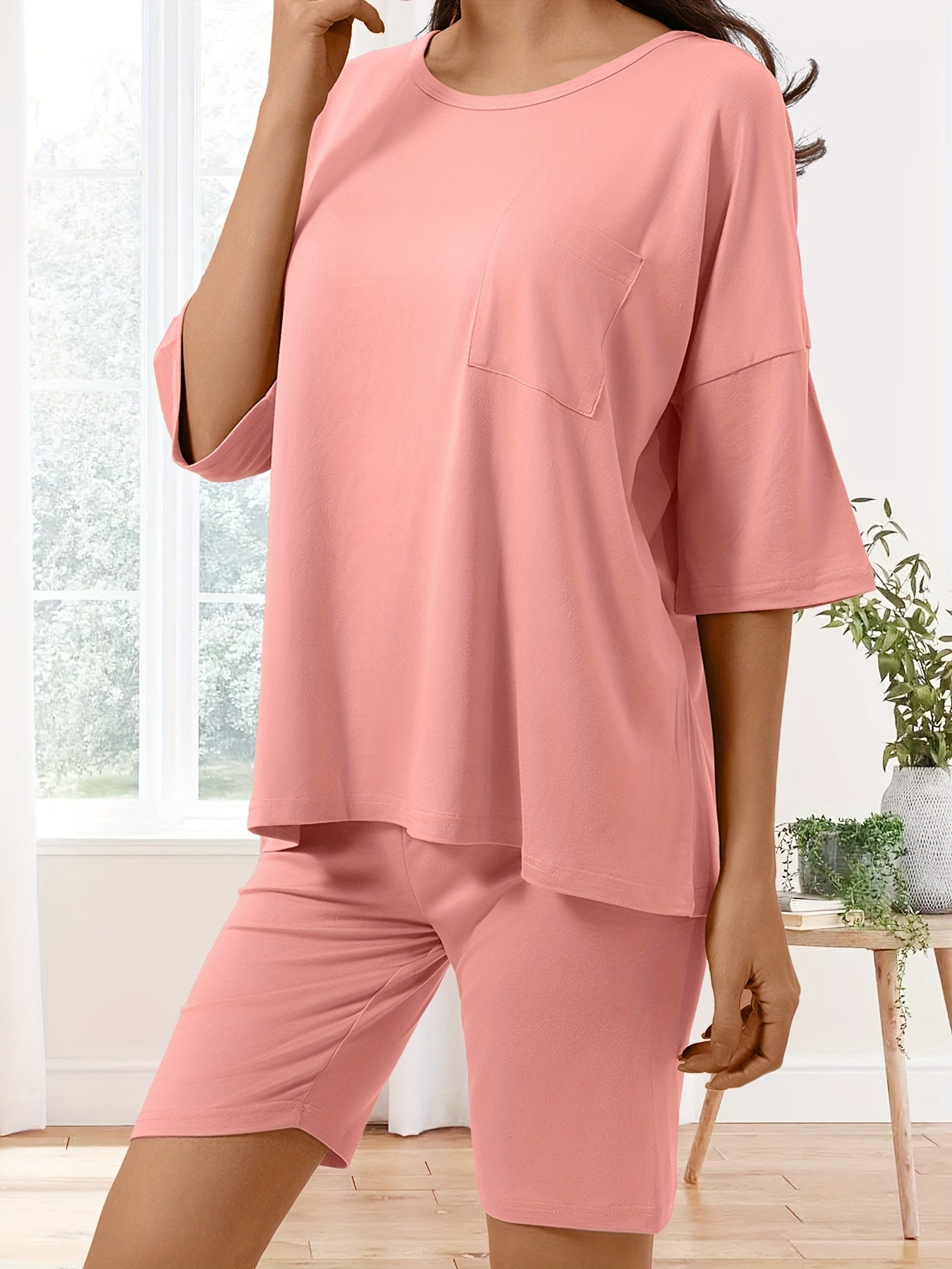 Women's Solid Simple Pajama Set - Drop Shoulder Half Sleeve Round Neck Top & Shorts for Comfortable Relaxed Fit