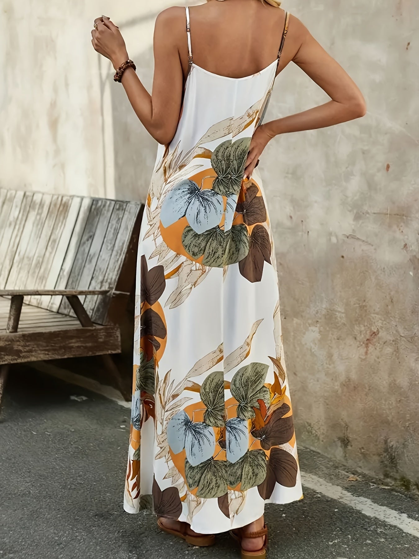 Tropical Print V-Neck Cami Dress - Vacation Style Sleeveless Maxi Dress for Spring & Summer, Women's Clothing