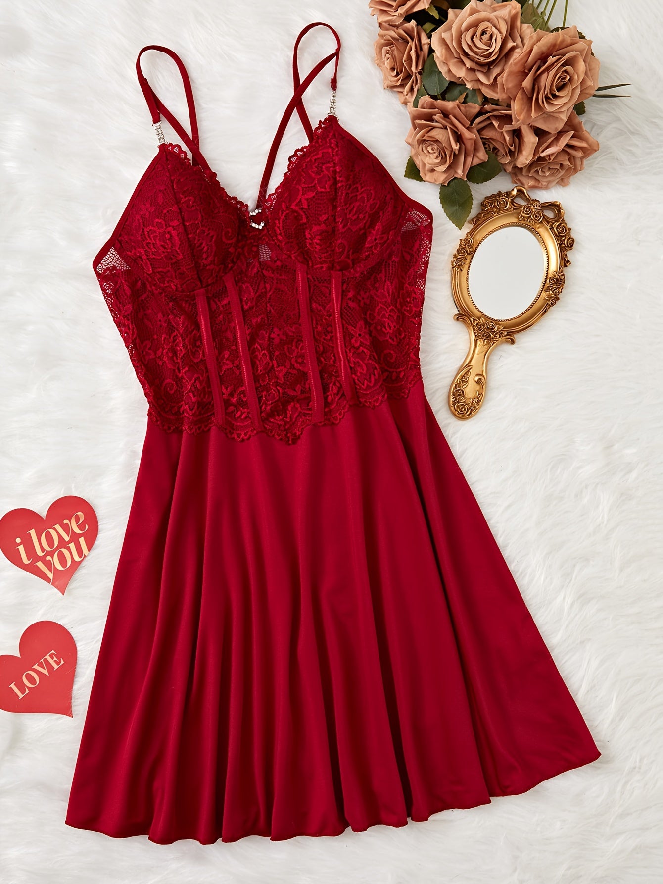 Heart Rhinestone Decor Lace Nightgown - Sexy V-Neck Backless A-line Slip Dress for Women