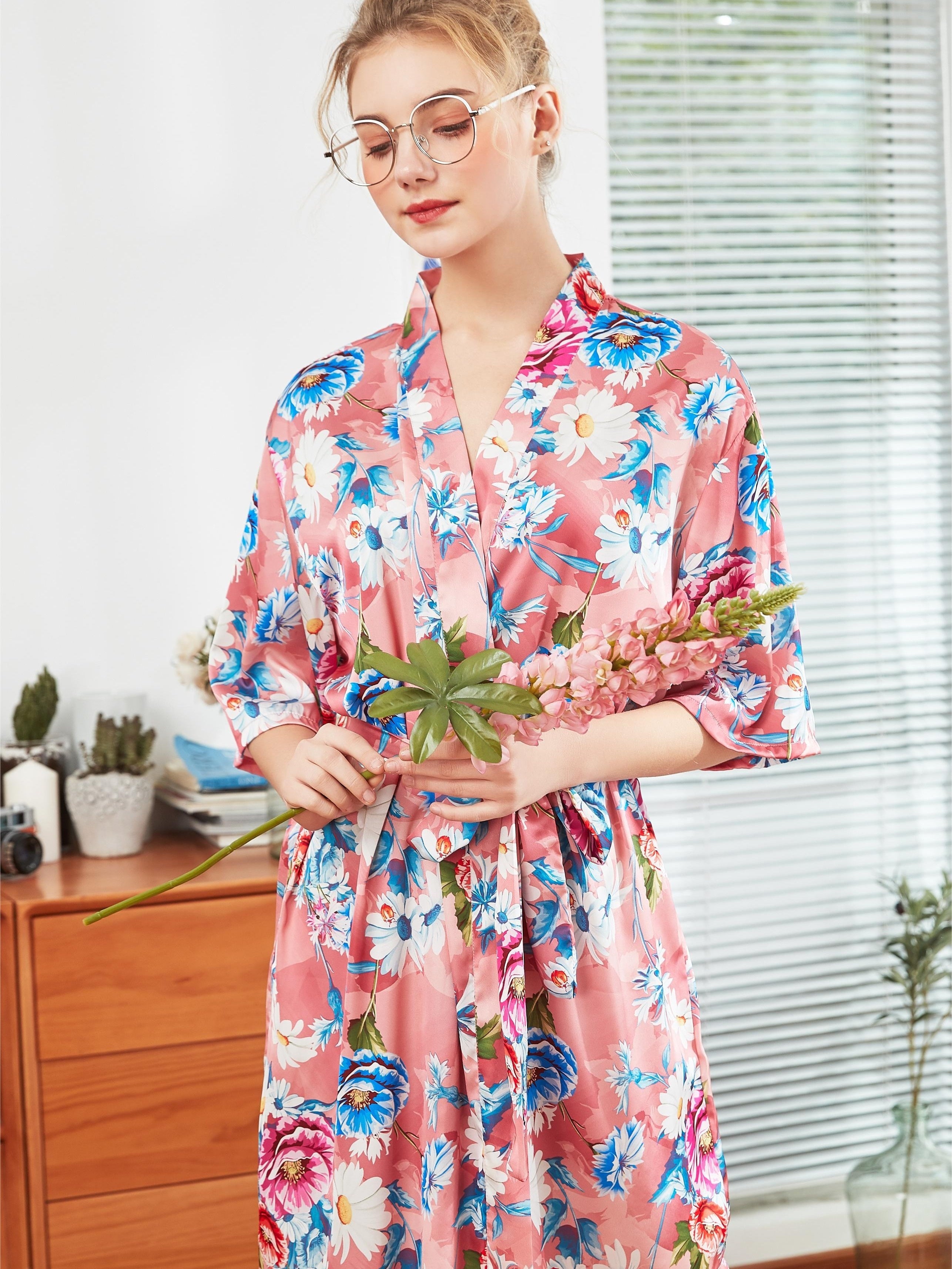 Women's Elegant Floral Print Satin Sleepwear Robe - Three-Quarter Sleeve V-Neck Robe with Belt, Comfortable Nightgown