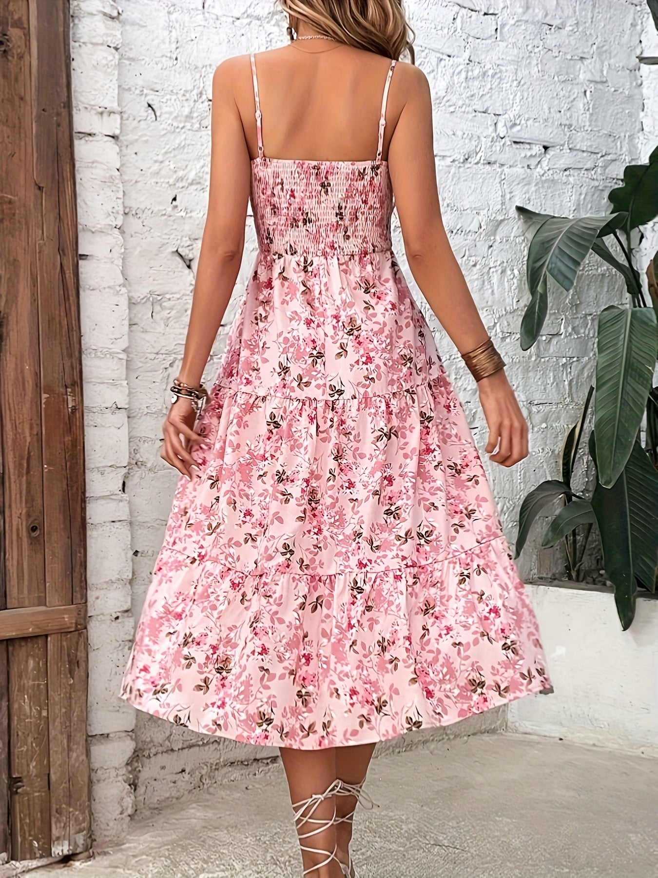 Floral Print Tiered Backless Cami Dress - Elegant Sleeveless Spaghetti Strap Dress, Women's Clothing