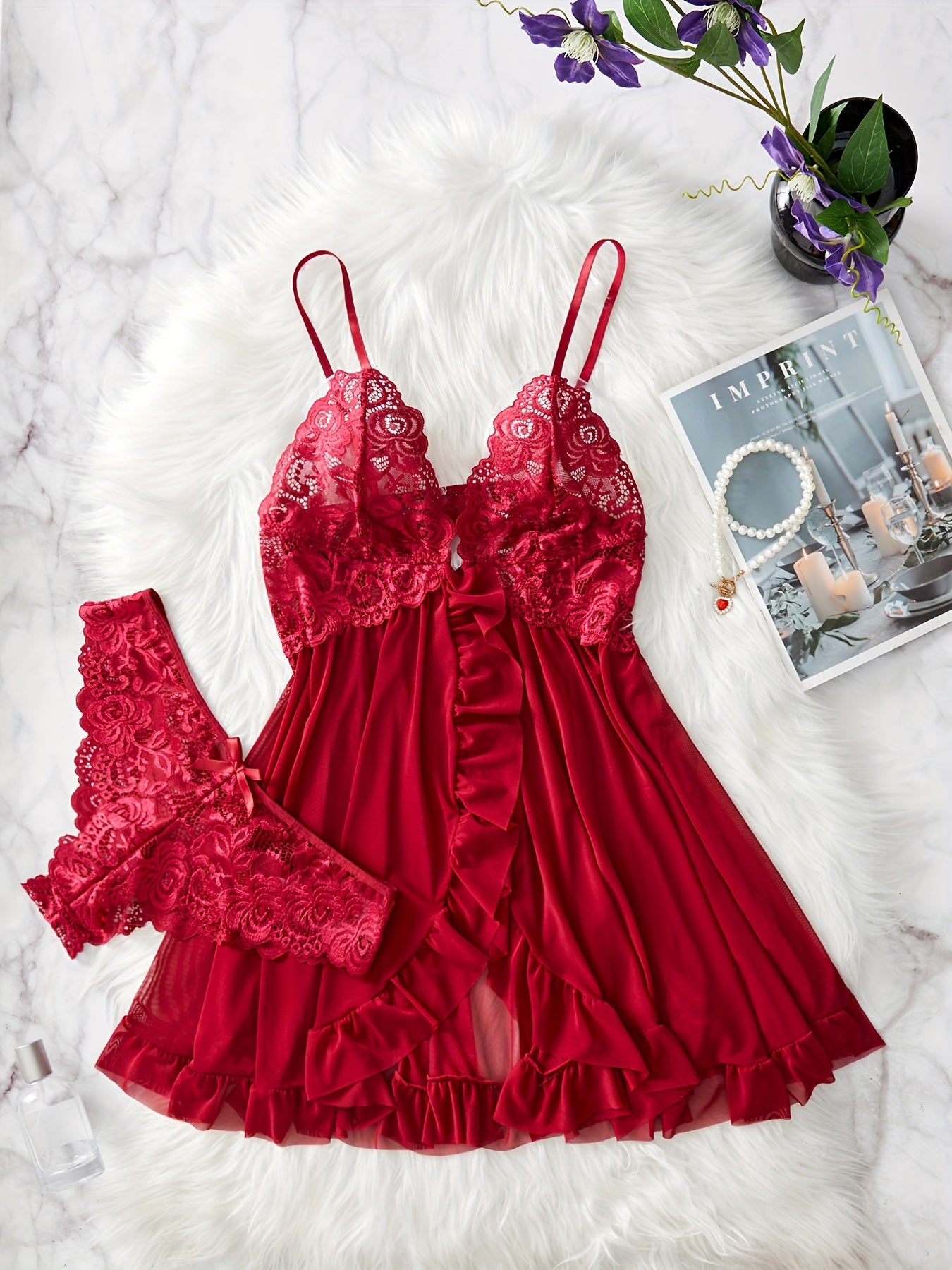 Contrast Lace Ruffle Trim Lingerie Set - Deep V Slip Dress & Thong for Women's Sexy Lingerie & Underwear