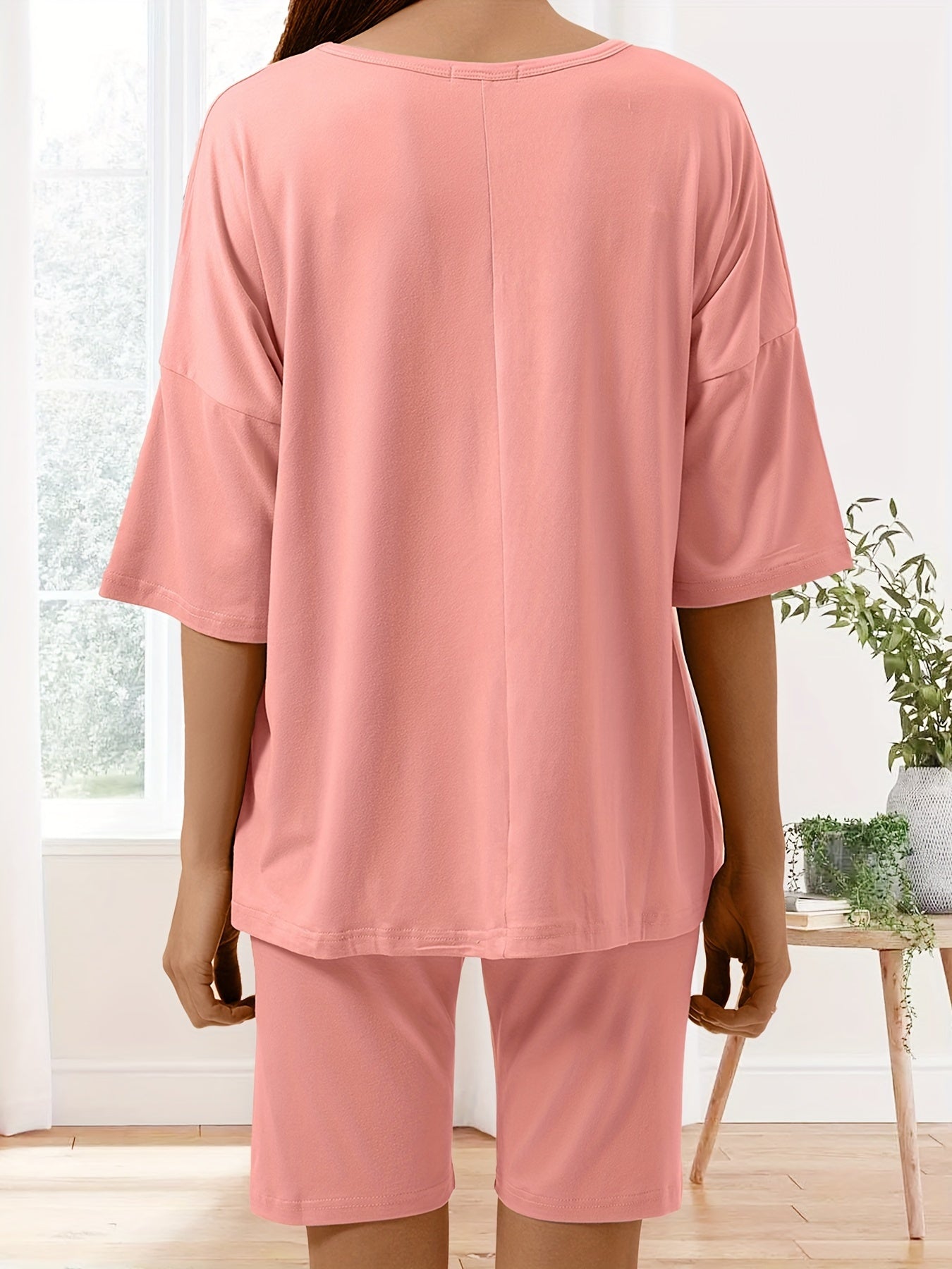 Women's Solid Simple Pajama Set - Drop Shoulder Half Sleeve Round Neck Top & Shorts for Comfortable Relaxed Fit