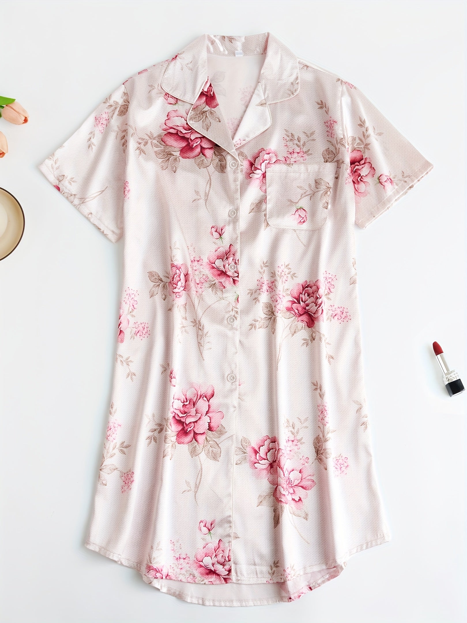 Floral Print Satin Nightgown - Casual Short Sleeve Button-Up Lapel Shirt Dress for Women's Sleepwear