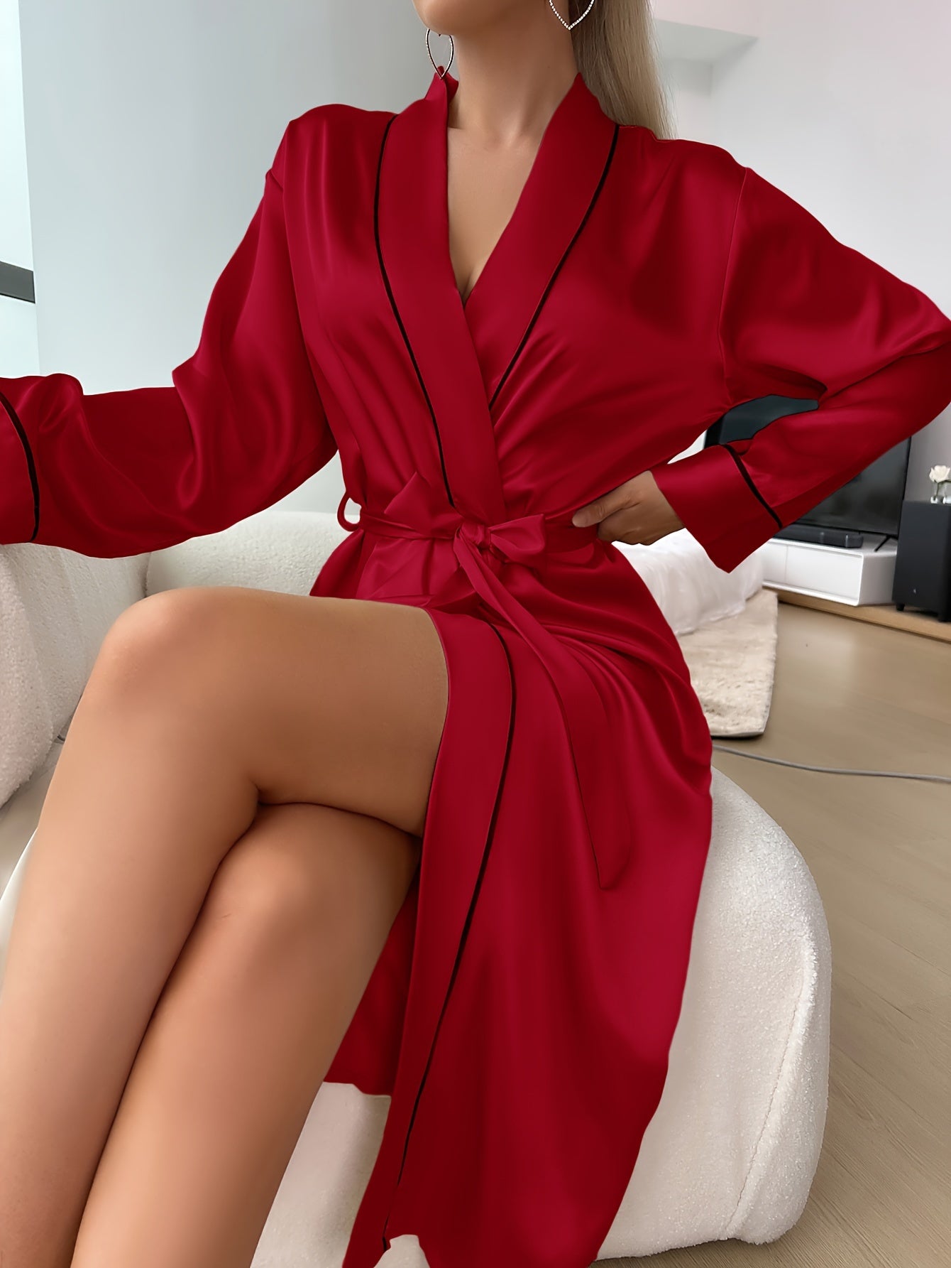 Elegant Solid Satin Night Robe - Long Sleeve V-Neck with Belt, Women's Sleepwear