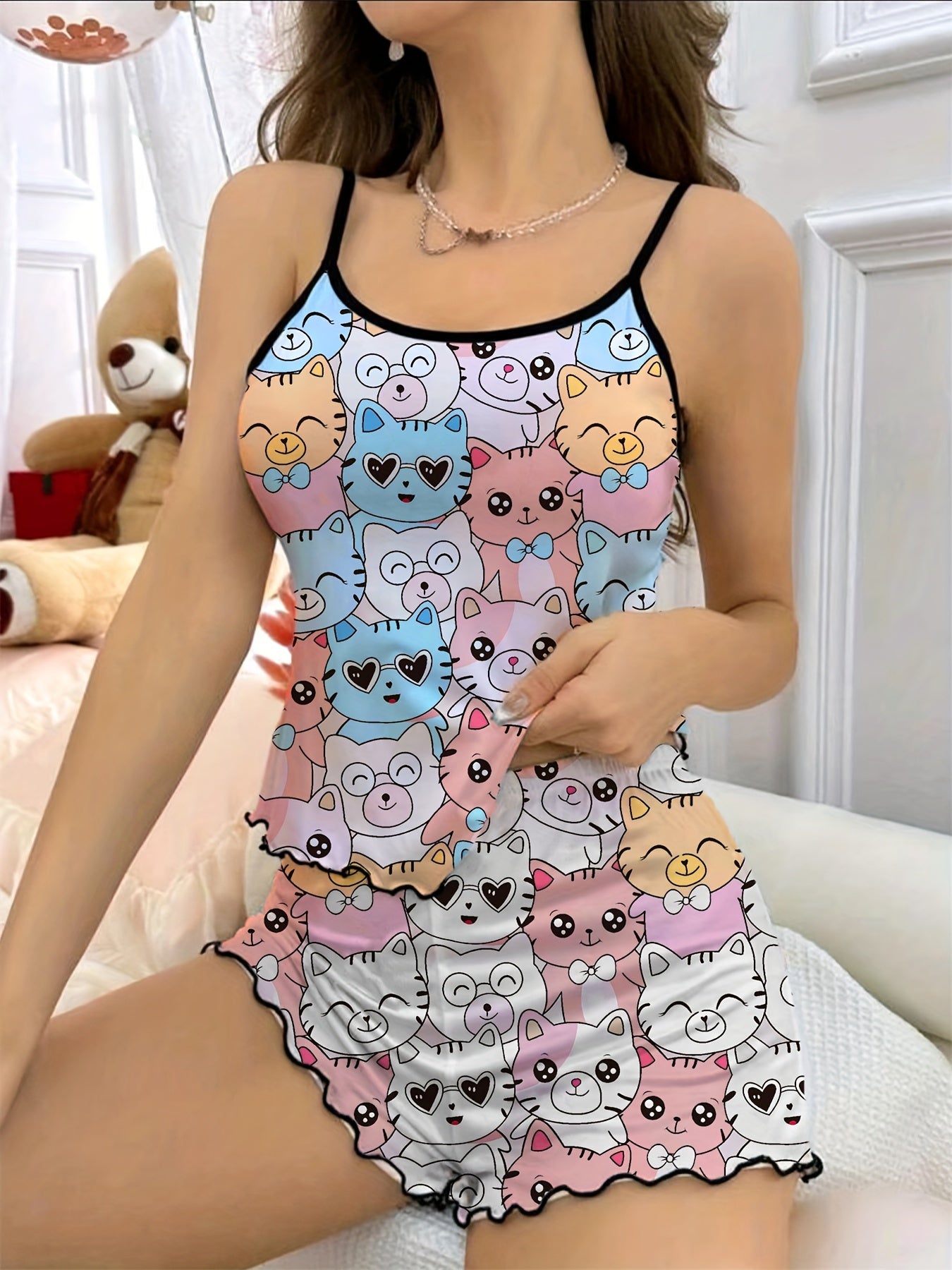 Allover Cat Print Frill Trim Pajama Set - Cute Round Neck Backless Cami Top and Shorts for Women, Comfortable Summer Nightwear