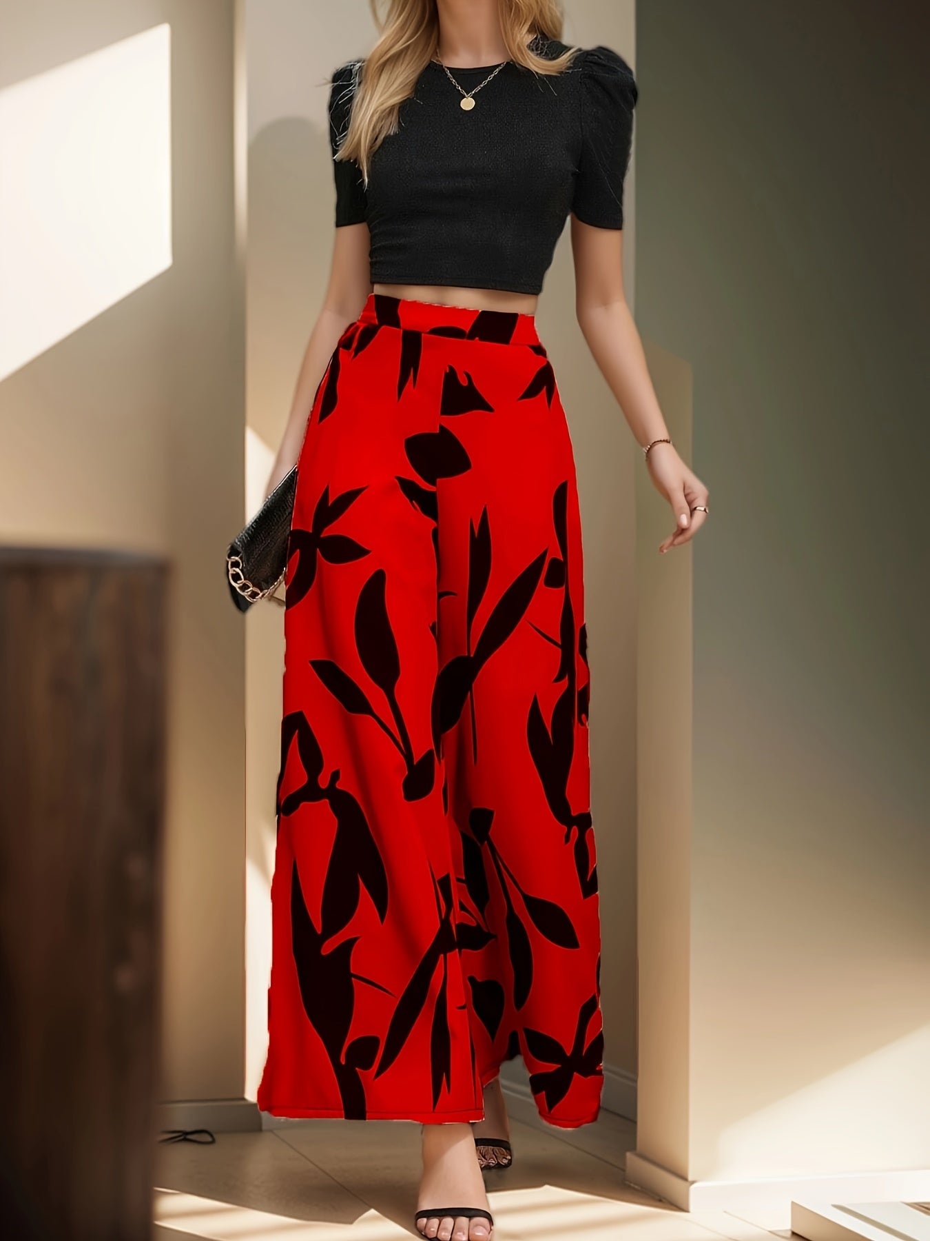 Elegant Two-Piece Pantsuit Set - Solid Color Crew Neck T-Shirt & Leaf Print Wide Leg Pants Outfit for Women