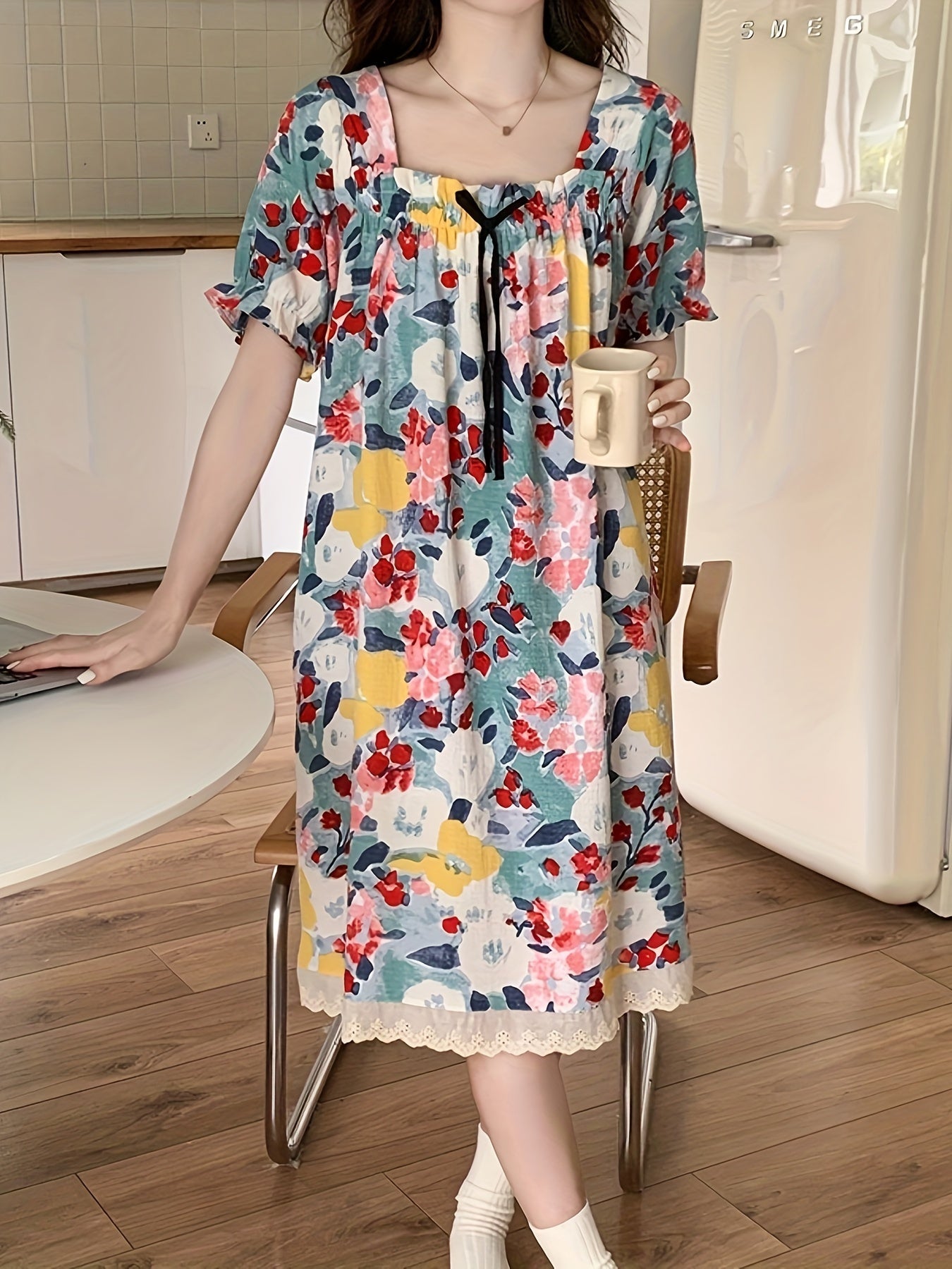 Women's Oil Painting Print Lace Trim Sleepwear Dress - Elegant Short Sleeve Bow Front Square Neck Loose Fit Nightgown