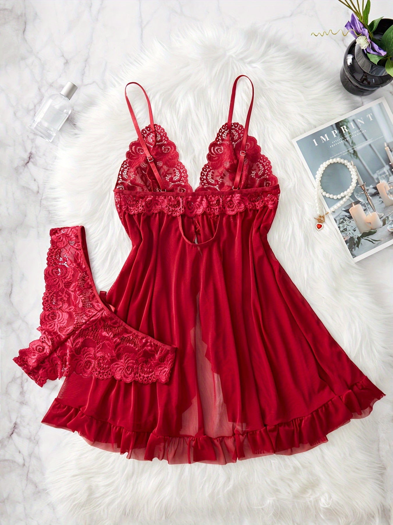 Contrast Lace Ruffle Trim Lingerie Set - Deep V Slip Dress & Thong for Women's Sexy Lingerie & Underwear