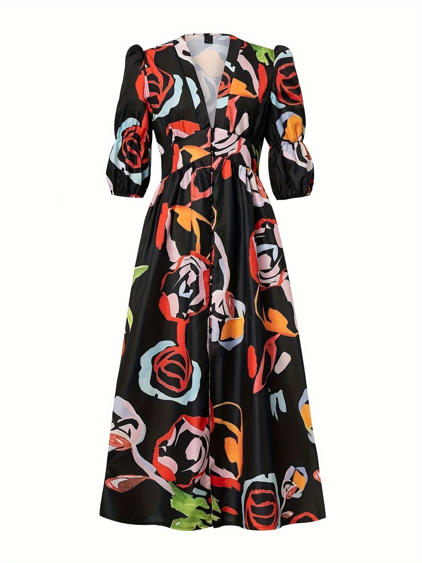 Allover Print V-Neck Dress - Elegant Short Sleeve A-Line Dress for Spring & Summer, Women's Clothing