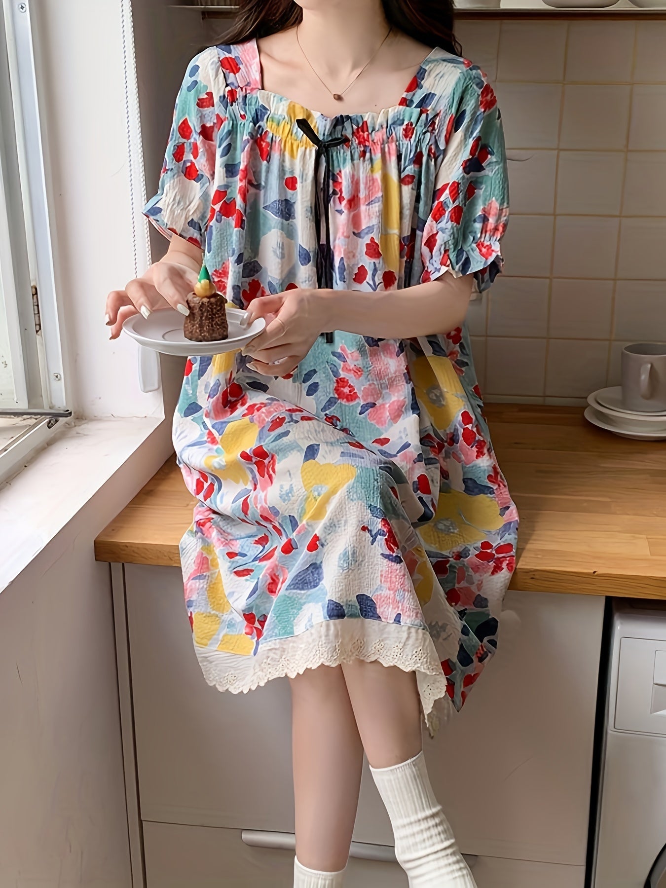 Women's Oil Painting Print Lace Trim Sleepwear Dress - Elegant Short Sleeve Bow Front Square Neck Loose Fit Nightgown