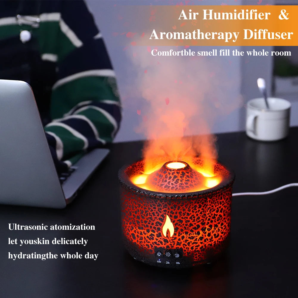 Volcanic Flame Aroma Diffuser and Humidifier - 180ml, Remote Control, Essential Oils Compatible, Perfect for Bedroom and Home