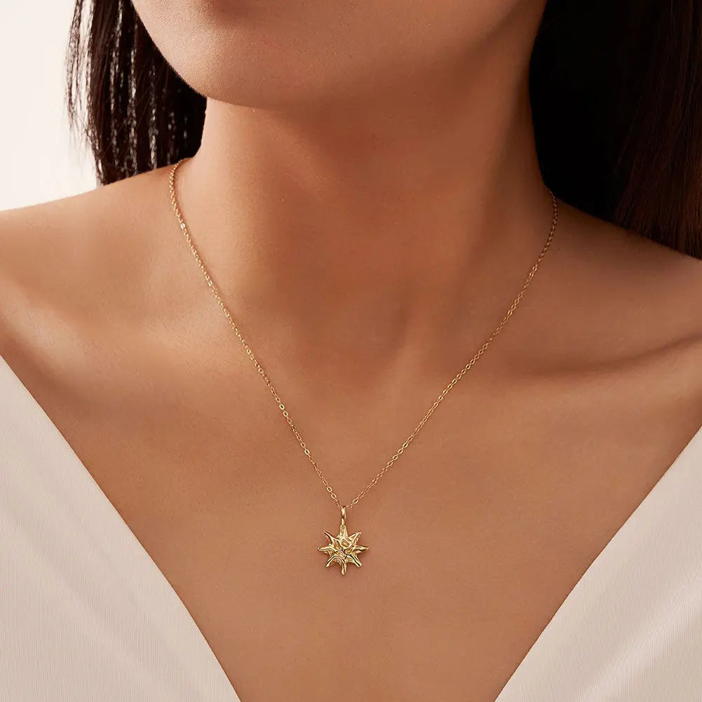 S925 Sterling Silver Hammered Star Pendant Necklace 14K Gold Plated Chain gomuto.com