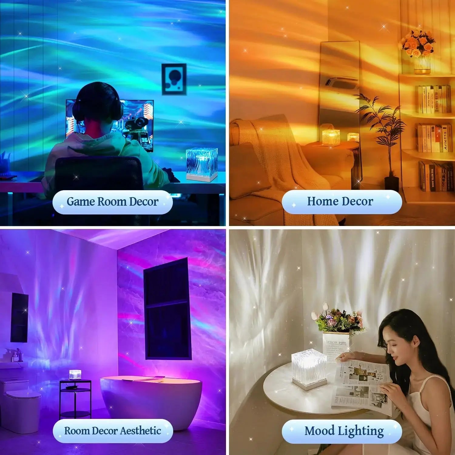 Stress Relief Lamp - Qrismora Northern Lights & Water Ripple Projector - 16-Color Ceiling Ambiance with Ocean Wave & Sunset Light Effects, Remote Controlled | Ideal for Home Decor, Relaxation & Gifts Gomuto