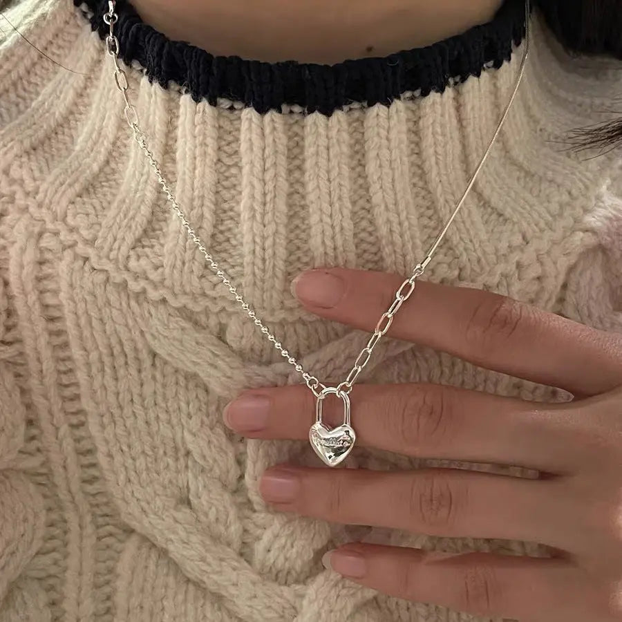 Women's Double-Layer Chain Heart-Shape Lock Necklace S925 Sterling Silver gomuto.com