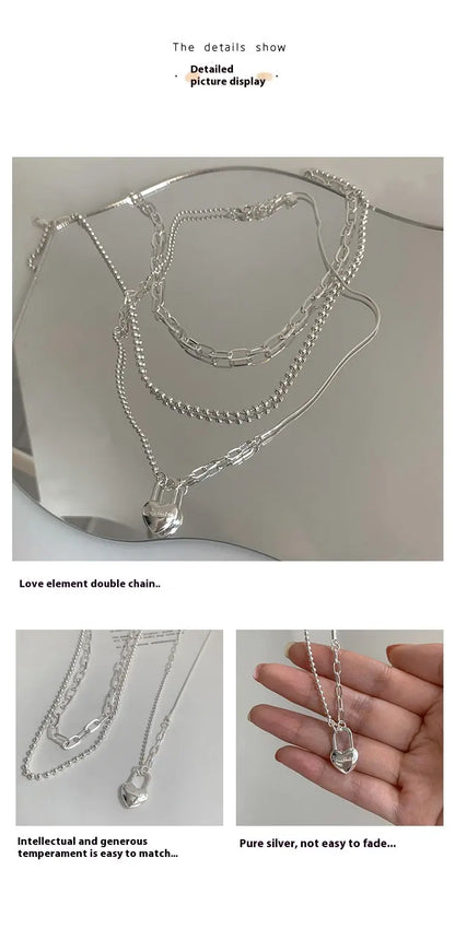Women's Double-Layer Chain Heart-Shape Lock Necklace S925 Sterling Silver gomuto.com