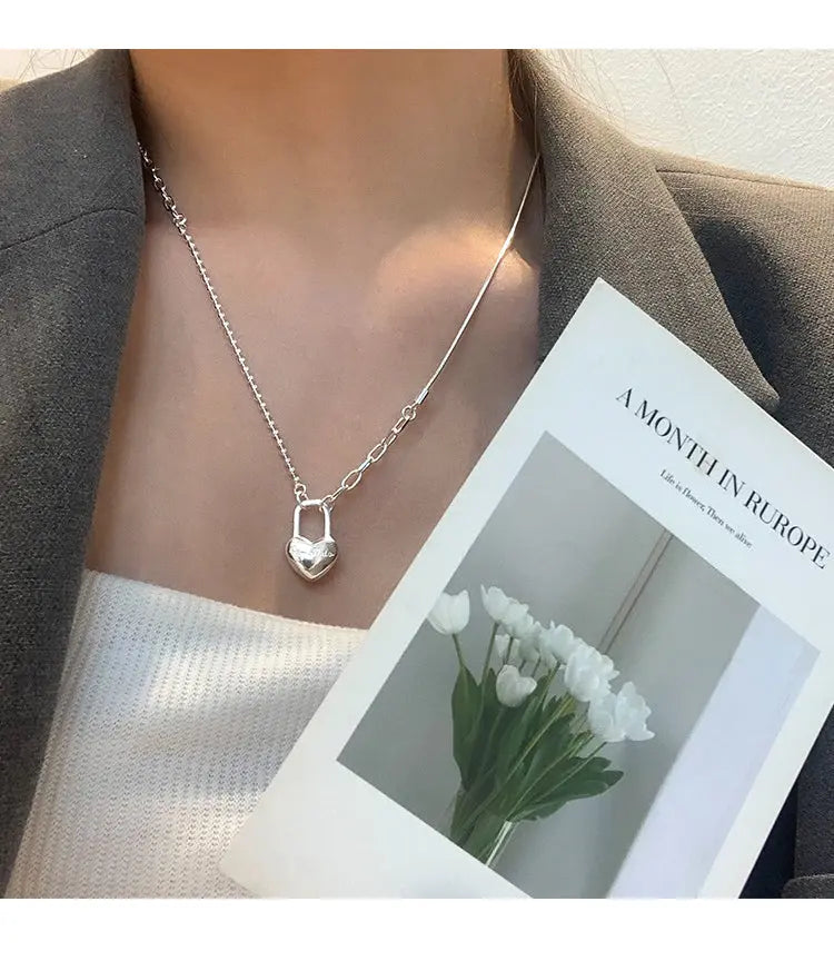 Women's Double-Layer Chain Heart-Shape Lock Necklace S925 Sterling Silver gomuto.com