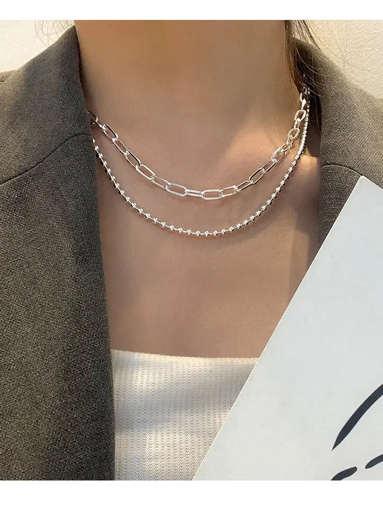 Women's Double-Layer Chain Heart-Shape Lock Necklace S925 Sterling Silver gomuto.com