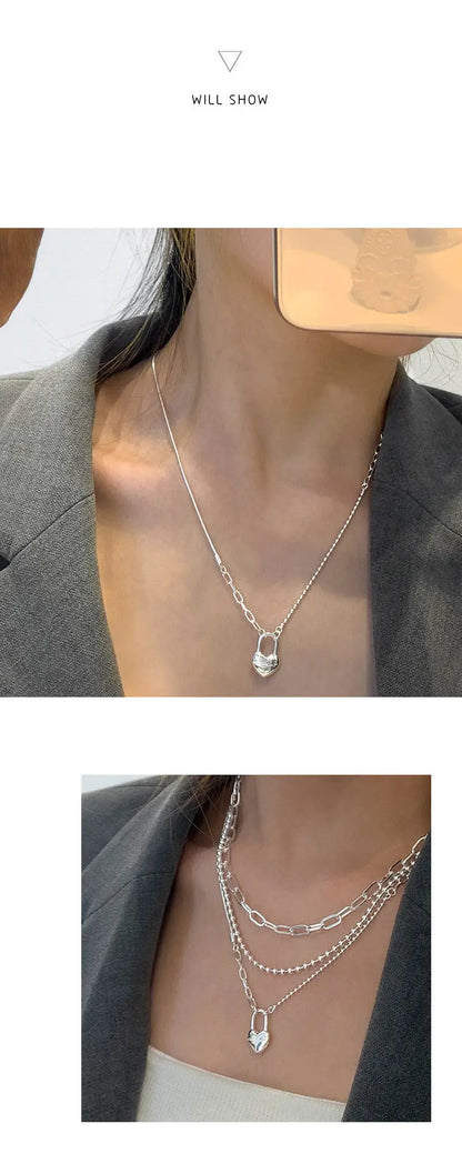 Women's Double-Layer Chain Heart-Shape Lock Necklace S925 Sterling Silver gomuto.com
