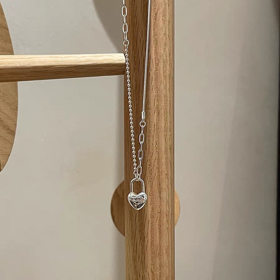 Women's Double-Layer Chain Heart-Shape Lock Necklace S925 Sterling Silver gomuto.com