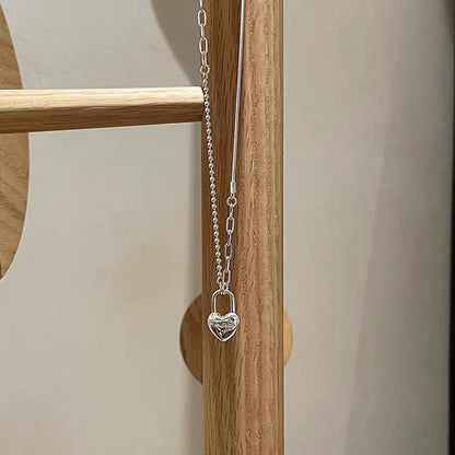 Women's Double-Layer Chain Heart-Shape Lock Necklace S925 Sterling Silver gomuto.com
