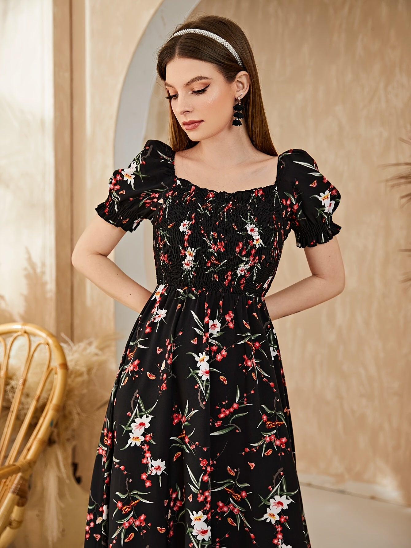 Floral Print Square Neck Dress - Elegant Puff Sleeve Ruffle Hem Dress for Women’s Spring & Summer